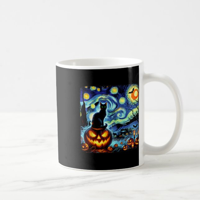 Halloween Van Gogh Starry Night Black Cat Pumpkins Kaffeetasse (Rechts)