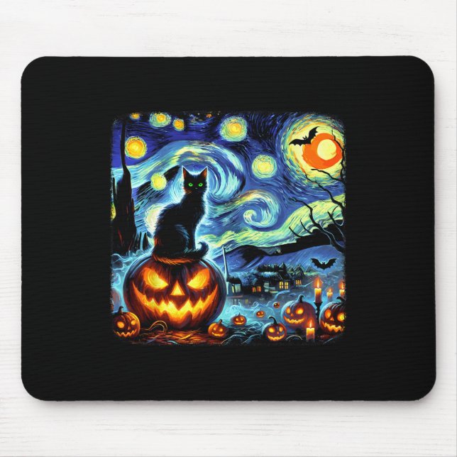 Halloween Van Gogh Starry Night Black Cat Pumpkins Mousepad (Vorne)