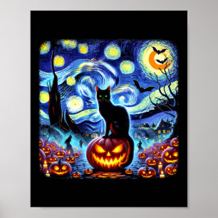 Halloween Van Gogh Starry Night Black Cat Pumpkins Poster