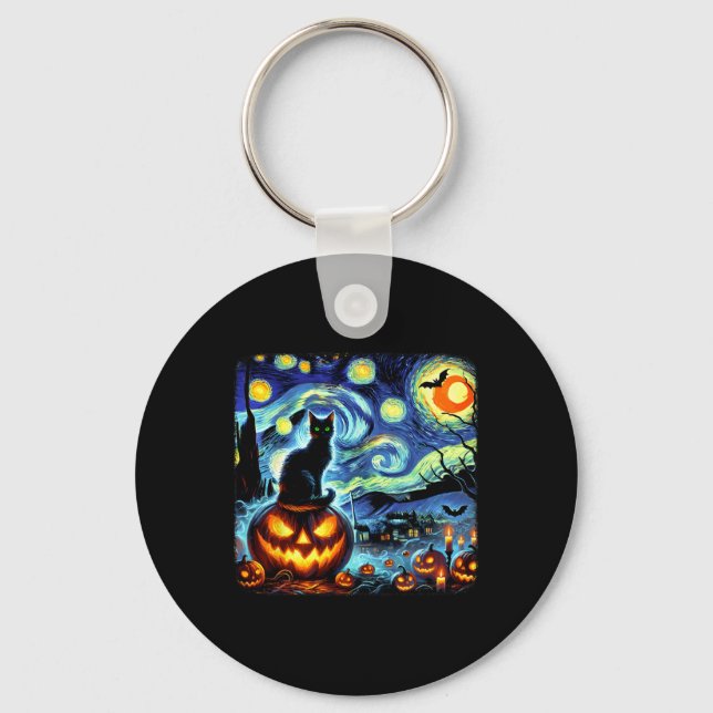 Halloween Van Gogh Starry Night Black Cat Pumpkins Schlüsselanhänger (Vorderseite)