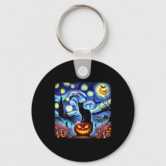 Halloween Van Gogh Starry Night Black Cat Pumpkins Schlüsselanhänger (Vorderseite)