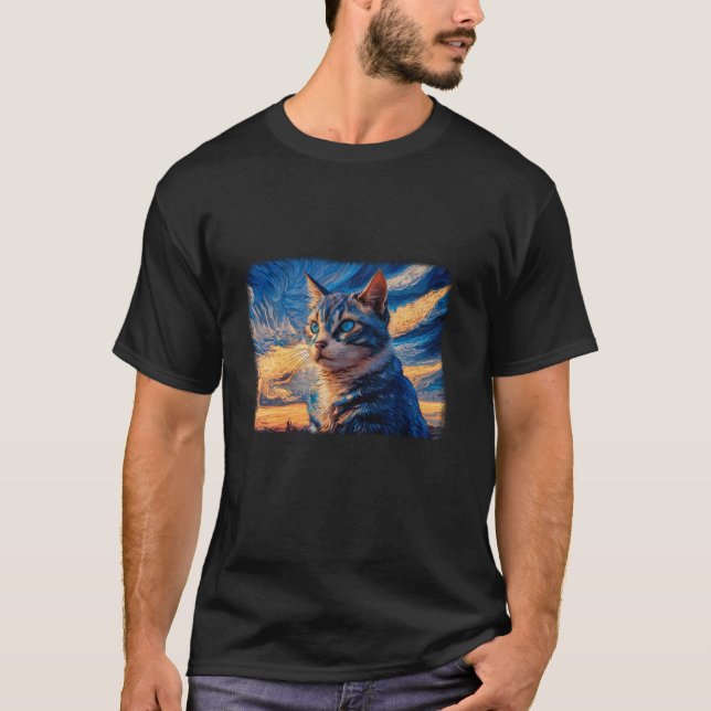 Halloween Van Gogh Starry Night Black Cat T Shirt (Vorderseite)