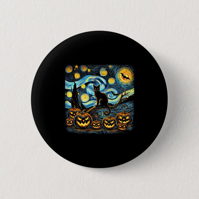 Halloween Van Gogh Sternennacht Kürbis Schwarze Ka Button (Vorderseite)