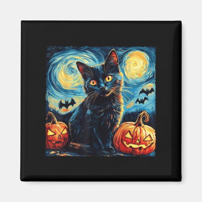 Halloween Van Gogh Sternennacht schwarze Katze Kür Magnet (Vorne)