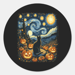 Halloween Van Gogh Sternennacht schwarze Katze Kür Runder Aufkleber