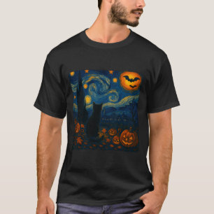 Halloween Van Gogh Sternennacht schwarze Katze Kür T-Shirt