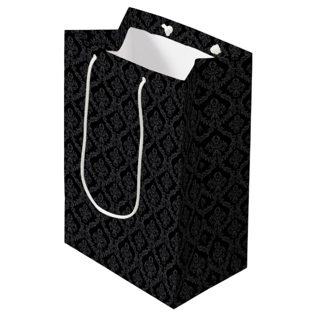 Halloween Viktorianisch Black Brocade Damask Mittlere Geschenktüte (Vorderseite Schrägansicht)