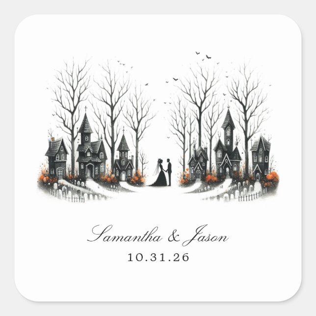 Halloween Village Wedding Quadratischer Aufkleber (Vorderseite)