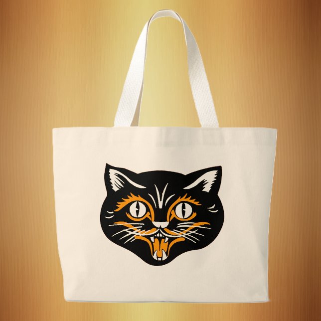 Halloween Vintag Cat Face Jumbo Stoffbeutel (Classic vintage Halloween black cat face with orange and white on tote bag.)