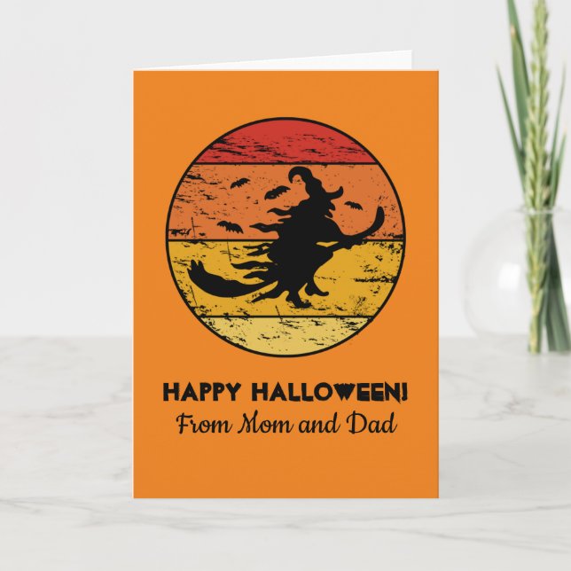 Halloween Vintag Hexe 2 Retro Sonnenuntergang Karte (Vorderseite)