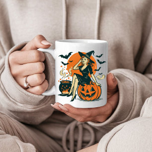 Halloween Vintag Hexe auf Pumpkin Bats Cauldron Kaffeetasse