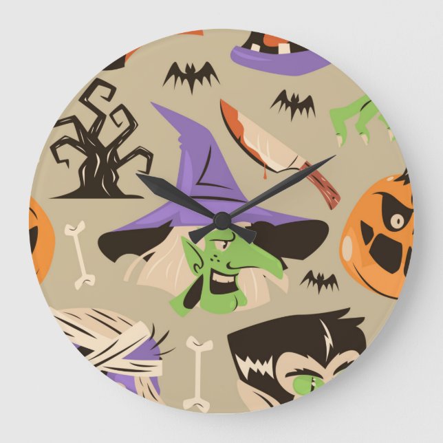 Halloween Vintag Pattern Große Uhr (Vorderseite)