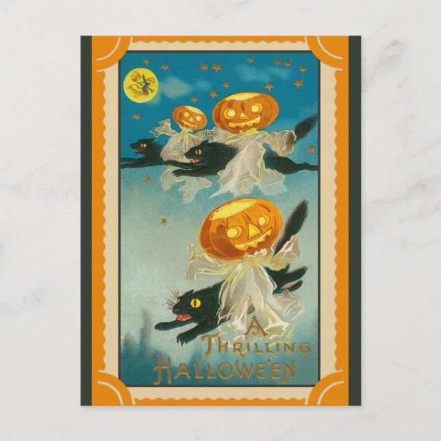 Halloween Vintag Pumpkin Black Cat Postkarte (Vorderseite)