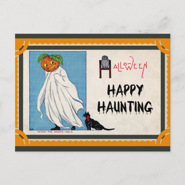 Halloween Vintag Pumpkin Ghost Happy Haunting Postkarte (Vorderseite)