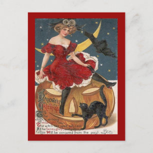 Halloween Vintage Dame in Rot auf Jack o' Lantern Postkarte