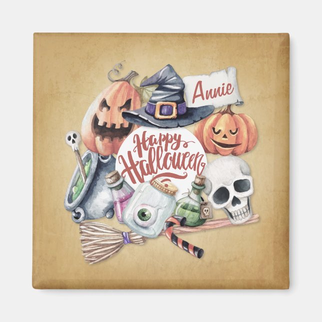 Halloween Vintage heureux personnalisé | Magnet (Devant)