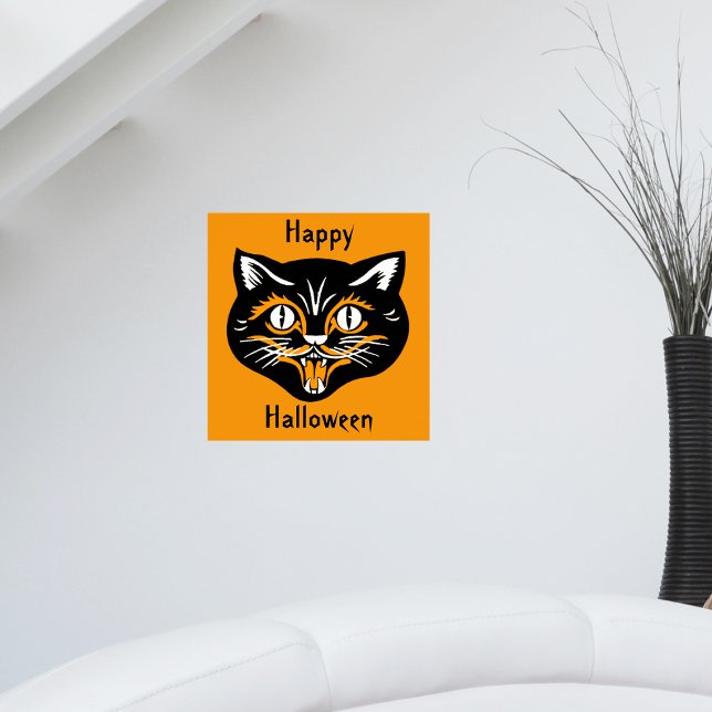 Halloween Vintage Katzen Gesicht Poster (Vintage Happy Halloween black smiling cat face on bright orange wall poster.)