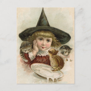 Halloween Vintage Mädchen Hexe Kätzchen Postkarte