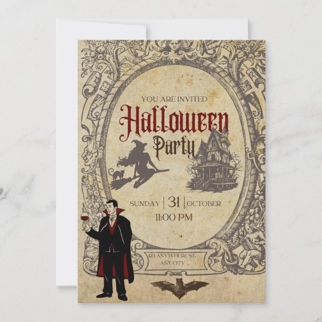 Halloween Vintage Retro-Vampirhexen Einladung (Vorderseite)