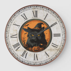Halloween Vintage Schwarze Katze  Große Wanduhr