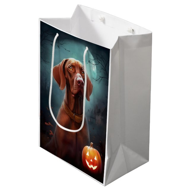 Halloween Vizsla mit Pumpkins Beängstigend Mittlere Geschenktüte (Vorderseite Schrägansicht)
