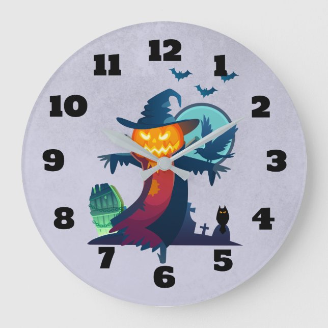 Halloween-Vogelscheuche mit Schlägern Krähe und Große Wanduhr (Vorderseite)