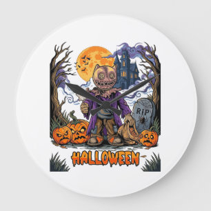 Halloween-Vogelscheuche-Süßigkeiten-Sack-Kürbisse- Große Wanduhr