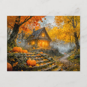 Halloween-Waldhäuschen mit Kürbissen, Steinweg Postkarte