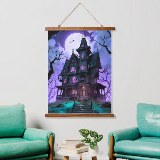 Halloween Wandteppich Schloss gruselig Mit Holzrahmen