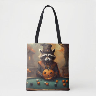 Halloween-Waschbär spielt Pool mit Apfelaugen Tasche