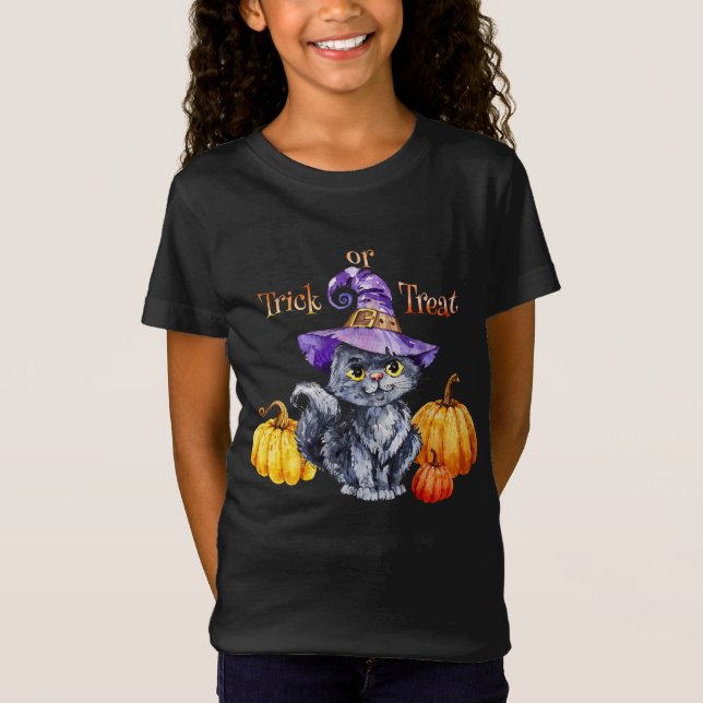 Halloween - Wassercolor Niedlich Kitten Hat and Pu T-Shirt (Vorderseite)