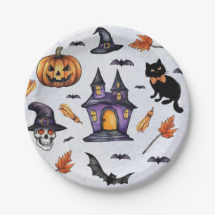 Halloween Wasserfarbe Kürbiskuschelfledermaus Patt Pappteller
