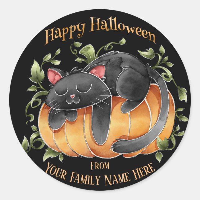 Halloween - Wasserfarbe Niedlich Kitten und Pumpki Runder Aufkleber (Vorderseite)