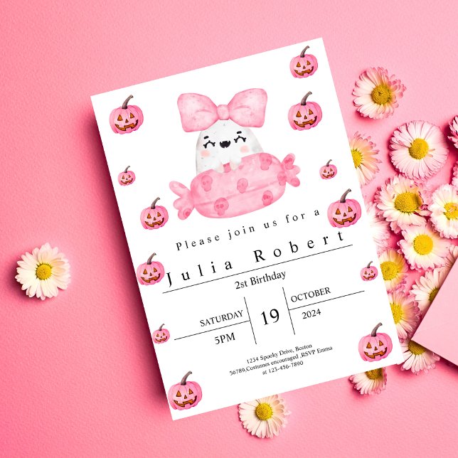 Halloween Wasserfarbe Rosa KürbisGeist Einladung (Von Creator hochgeladen)