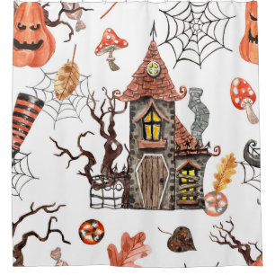 Halloween Wasserfarbe: Spuk Hausmuster. Duschvorhang