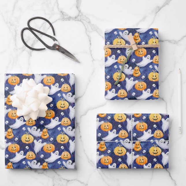 Halloween Wasserfarbmuster Geschenkpapier Set (Vorderseite)