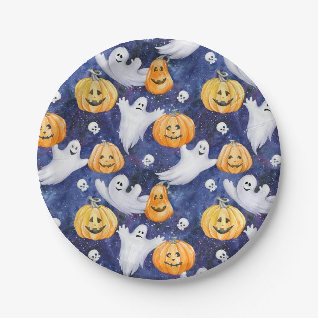Halloween Wasserfarbmuster Pappteller (Vorderseite)