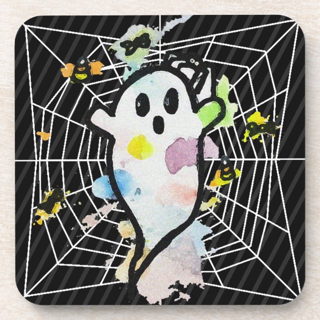 Halloween Watercolor Ghost Spider Web Getränkeuntersetzer (Vorderseite)