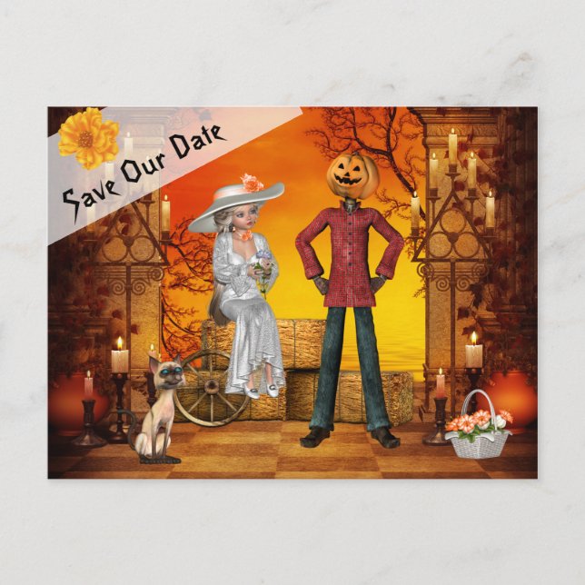 Halloween Wedding Save the Date Ankündigungspostkarte (Vorderseite)