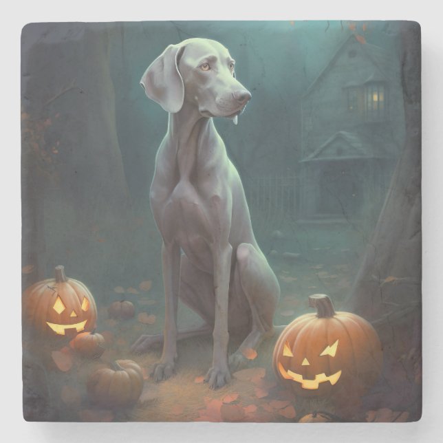 Halloween Weimaraner mit Pumpkins Beängstigend Steinuntersetzer (Vorderseite)