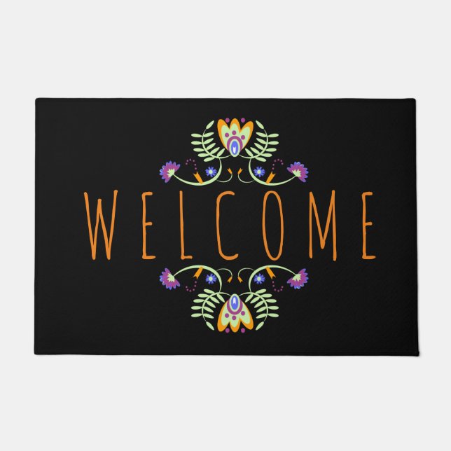 Halloween Welcome Folk Blume Orange Lila Fußmatte (Vorderseite)