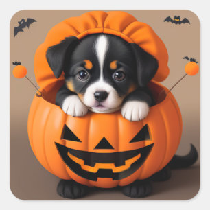 Halloween Welpe in einem Kürbisaufkleber Quadratischer Aufkleber