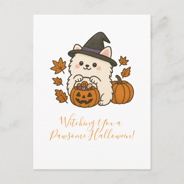 Halloween Wenskaart – Pomeranian met Heksenhoed Postkarte (Vorderseite)