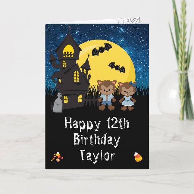 Halloween Werewolf Blue Happy Birthday Karte (Vorderseite)