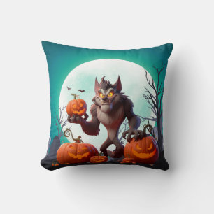 Halloween-Werwolf und Kürbisse Kissen