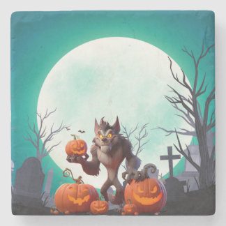 Halloween-Werwolf und Kürbisse Steinuntersetzer