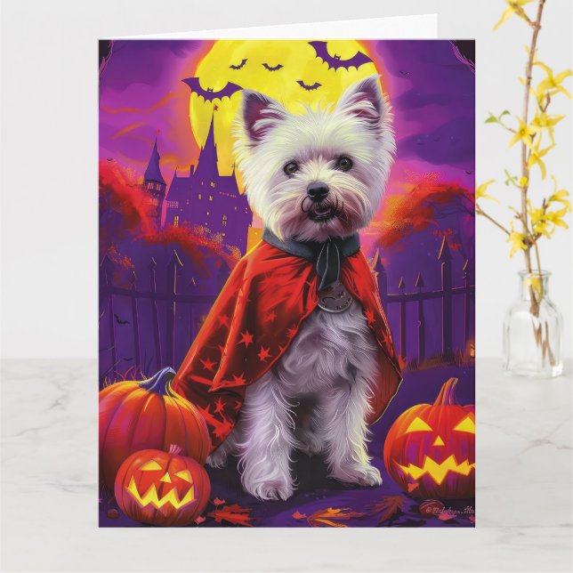Halloween West Highland White Terrier Beängstigend Karte (Gelbe Blume)