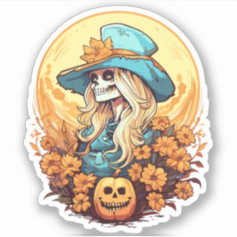 Halloween Western Cowgirl Skeleton Floral Pumpkin Aufkleber
