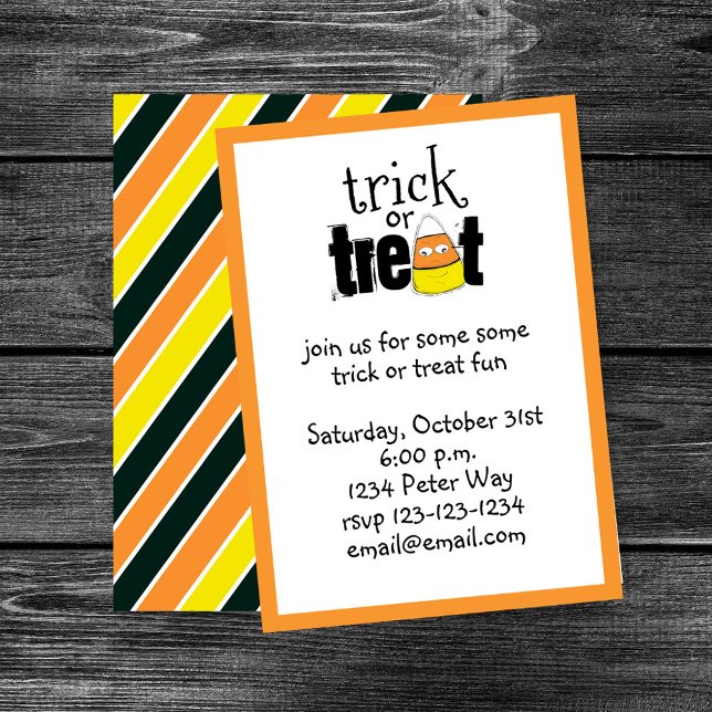 Halloween Whimsical Candy Corn Trick oder Trete Einladung (Cute candy corn trick or treat Halloween party design with orange border and white panel.)
