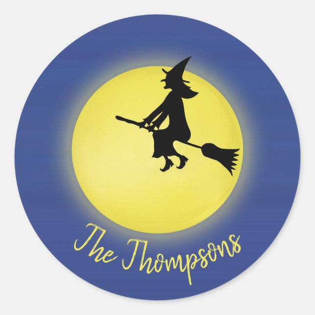 Halloween Whimsical Flying Witz Vollmond Niedlich Runder Aufkleber (Vorderseite)